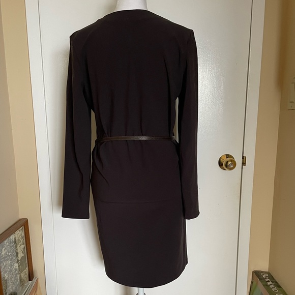 WRAP SKIRT DRESS long sleeve vneck Krishna chocolate brown leather wrap belt sz1 - Picture 5 of 10